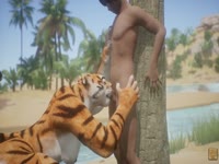 Huge tiger fucks a beastiality lover man on the beach